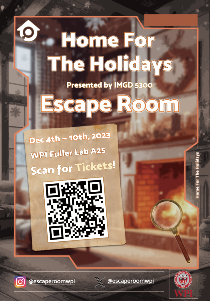Home for the holidays poster, featuring a holiday fireplace background and room information with a QR code for ticket purchases.